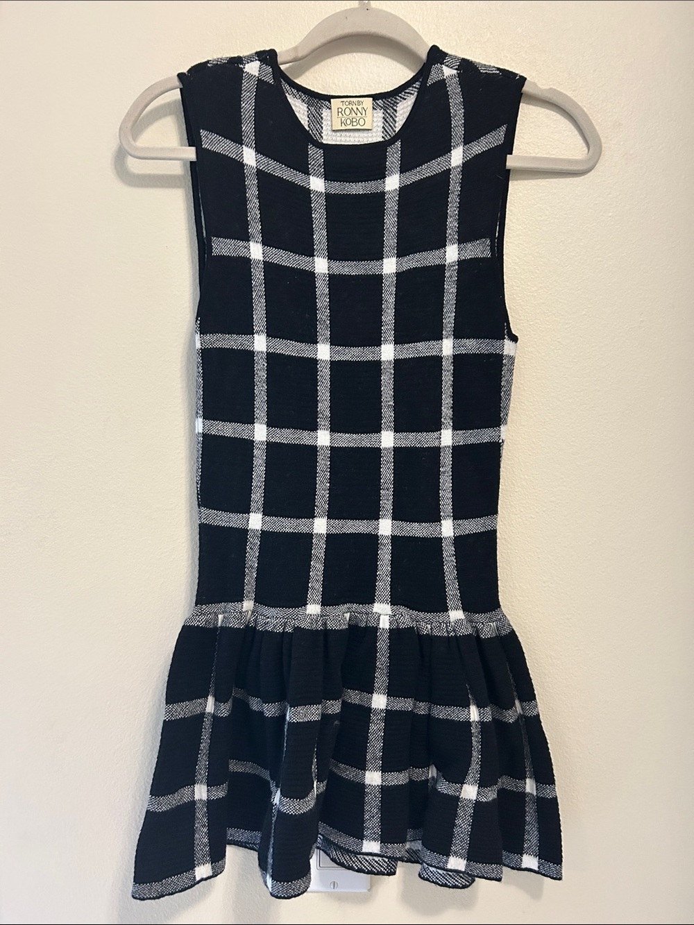Torn by Ronny Kobo blk/White Plaid peplum Tunic top